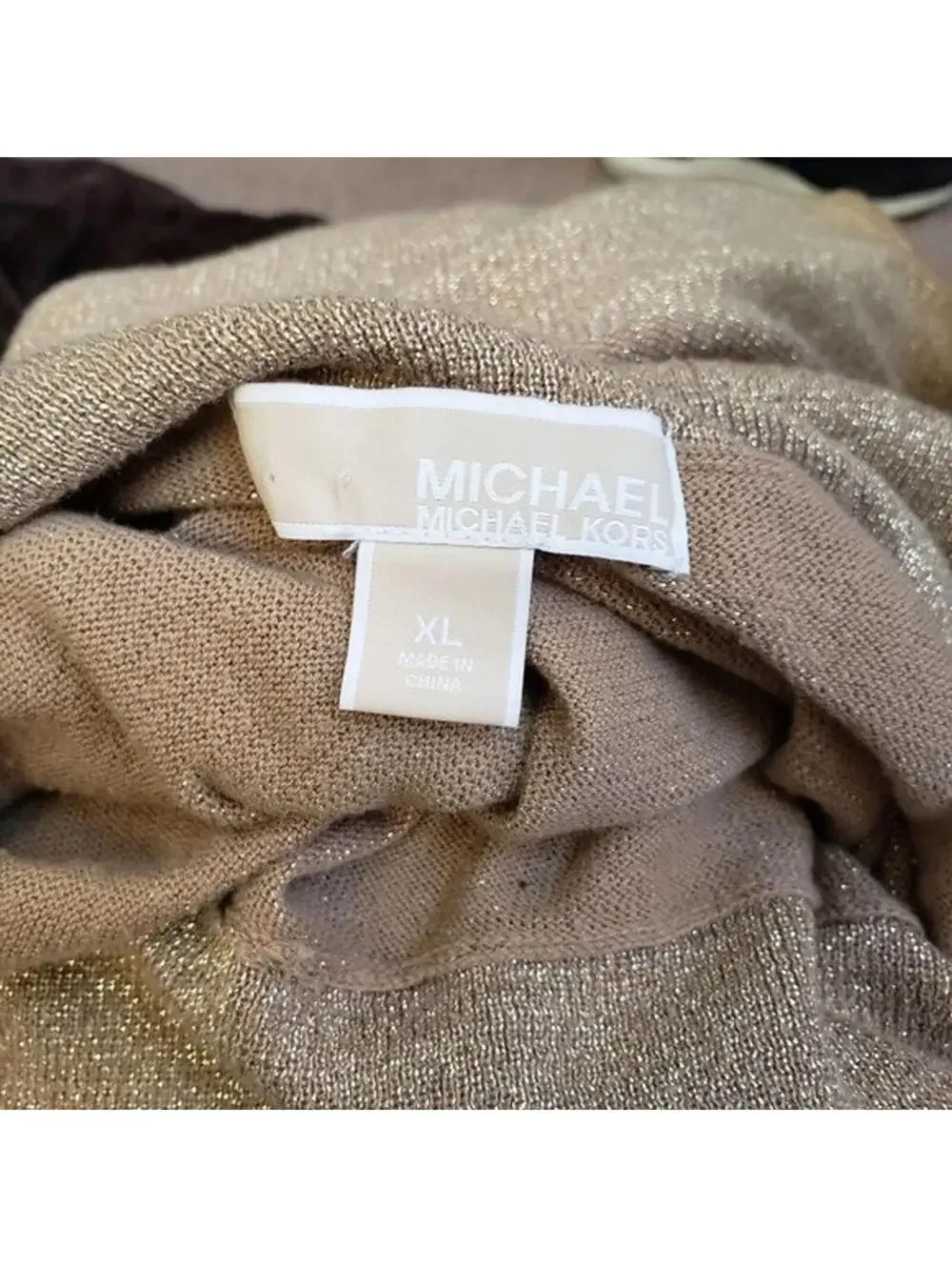 Michael Kors Gold Shimmer Cowl Neck Sweater XL Metallic Knit 3/4 Sleeve LKNW